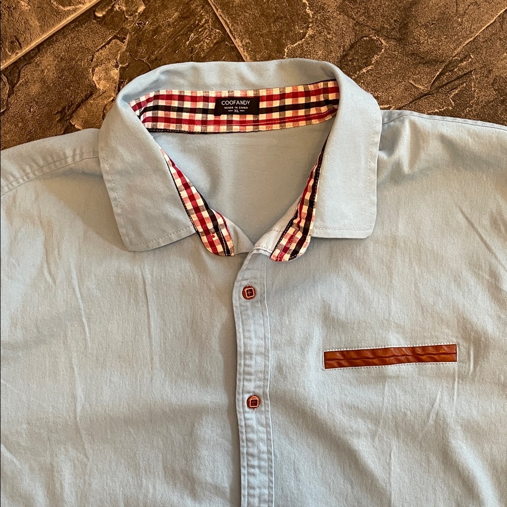 COOFANDY Chambray & Plaid Men's Shirt Faux Leather Accent Preppy Cottage Coastal